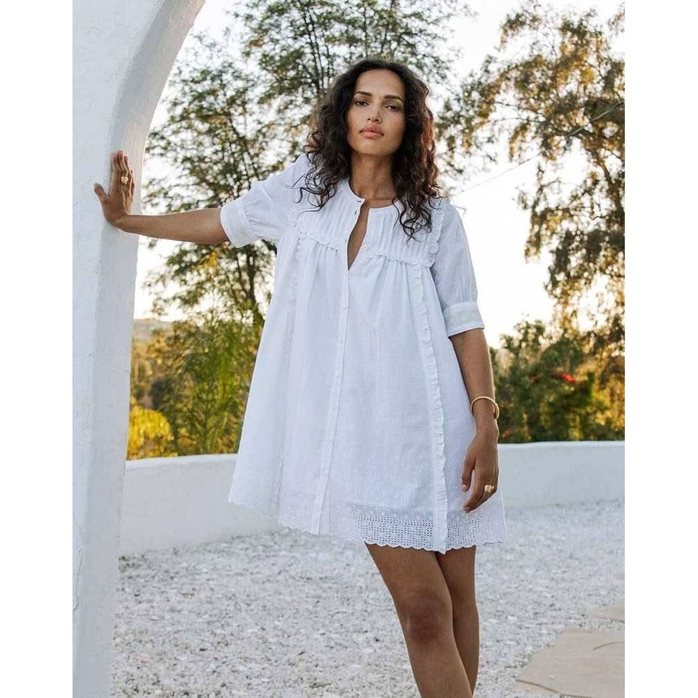 Cleobella Candry Mini Dress S Eyelet Ruffle Cottage Prairie Organic Cotton White